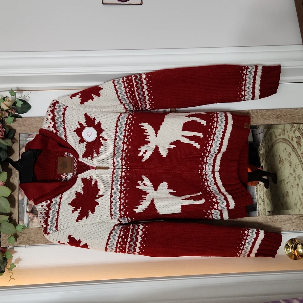 Campfire Ready 🔥 🌼HPx2 🍁 NWT Canadiana Nordic zipp Girls XL Sweater w/moose